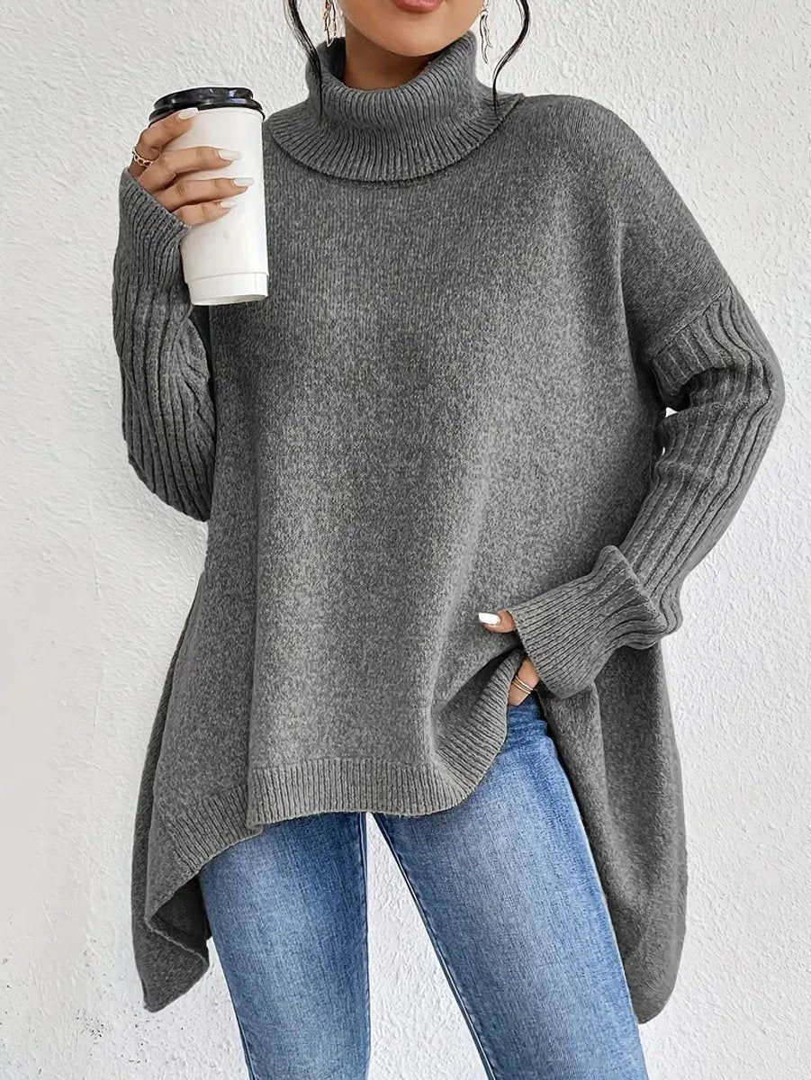Women's Ribbed Oversized Turtleneck Sweater in Stone Gray - view 2