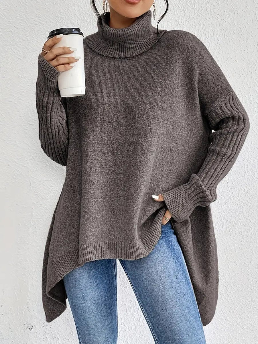 Women's Ribbed Oversized Turtleneck Sweater in Espresso Brown - view 3