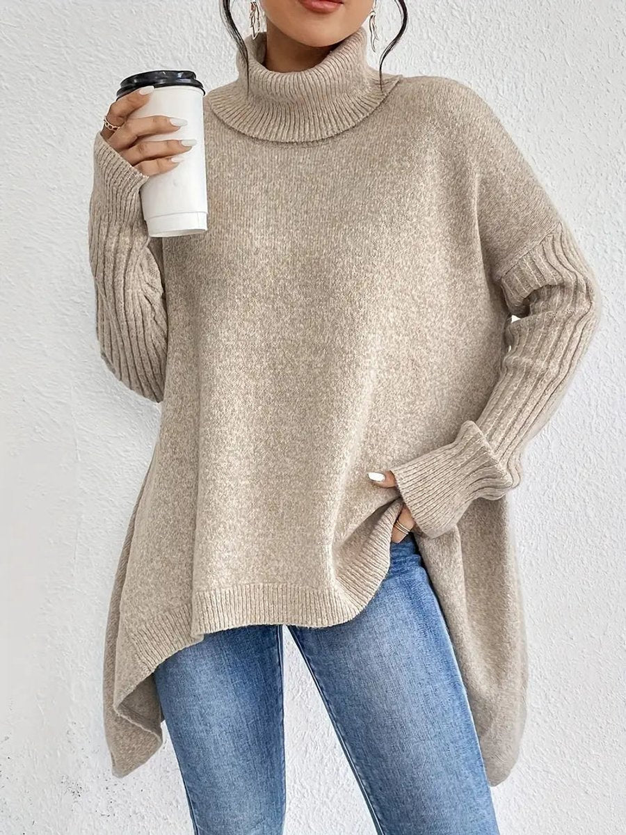 Women's Ribbed Oversized Turtleneck Sweater in Desert Khaki - view 5