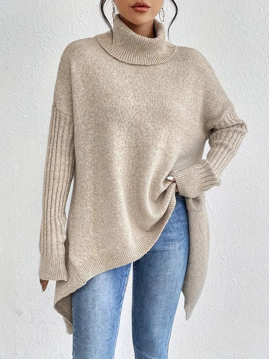 Women's Ribbed Oversized Turtleneck Sweater in Desert Khaki - view 6