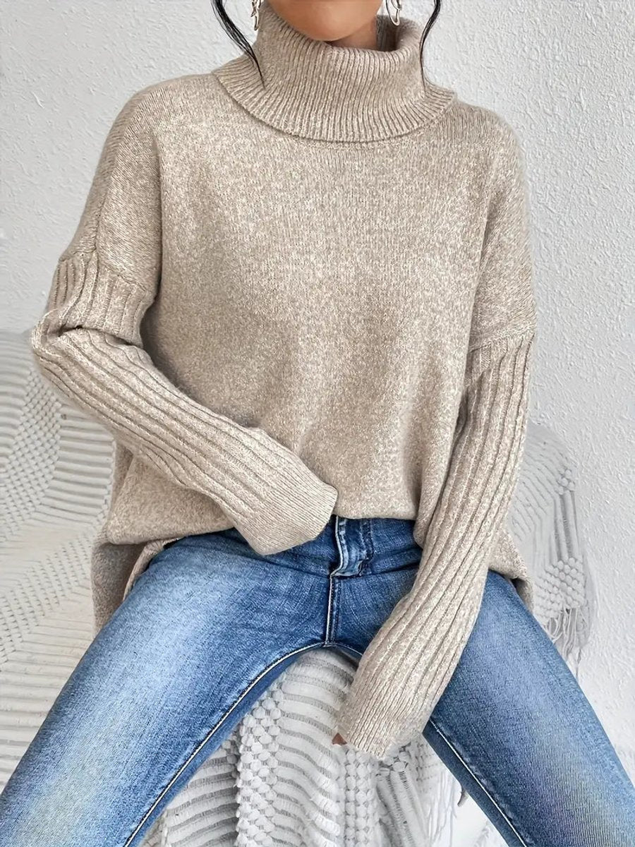 Women's Ribbed Oversized Turtleneck Sweater in Desert Khaki - view 8