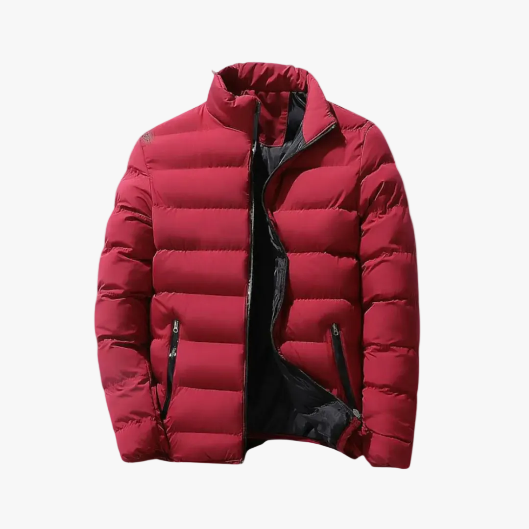 Men's Stand-Collar Quilted Puffer Jacket with Zip Pockets in Red - view 1
