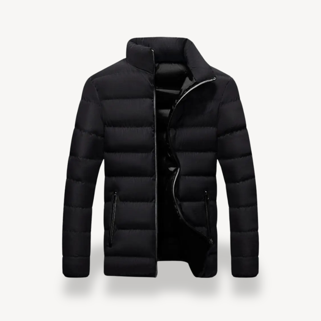 Men's Stand-Collar Quilted Puffer Jacket with Zip Pockets in Black - view 3