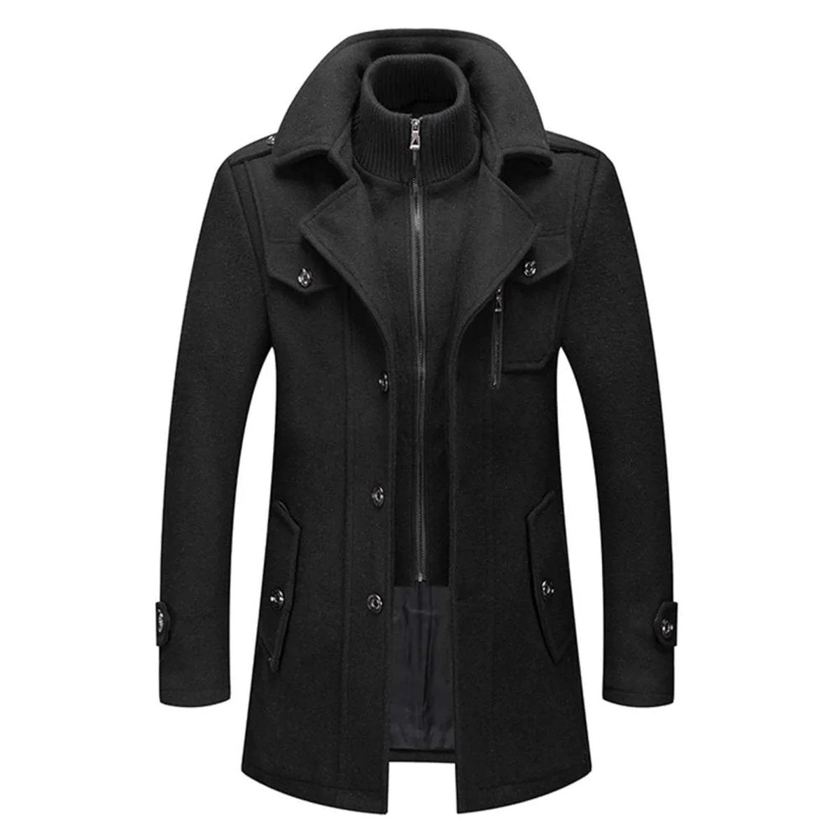 Men's Zip-Up Button-Front Overcoat with Inner Collar in Black - view 1