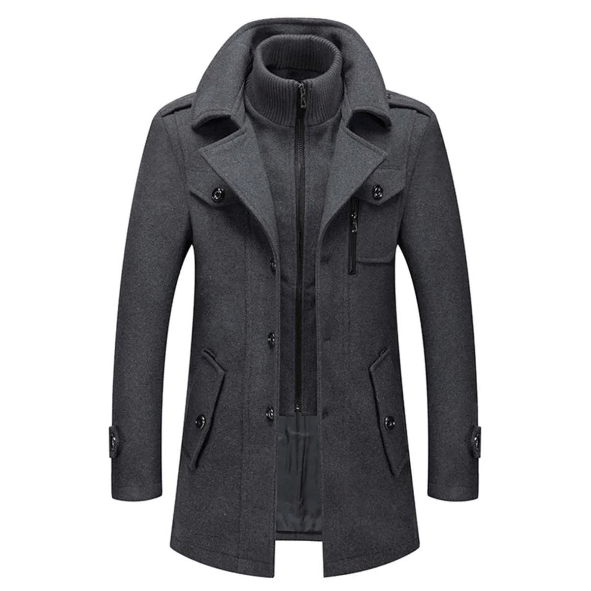 Men's Zip-Up Button-Front Overcoat with Inner Collar in Gray - view 3