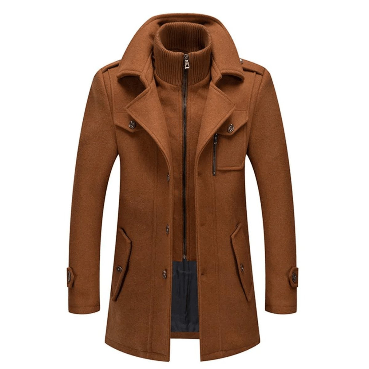 Men's Zip-Up Button-Front Overcoat with Inner Collar in Brown - view 5