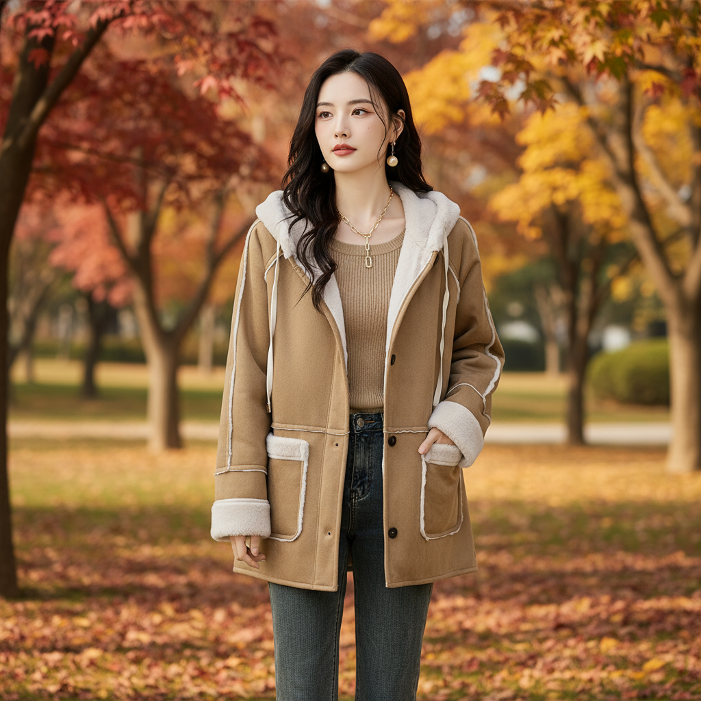Women's Patchwork Hoodie Coat with Fleece Lining - view 1