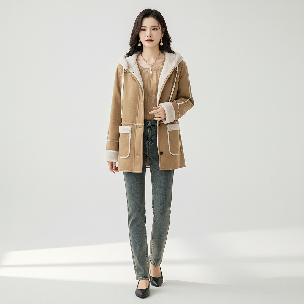 Women's Patchwork Hoodie Coat with Fleece Lining - view 2