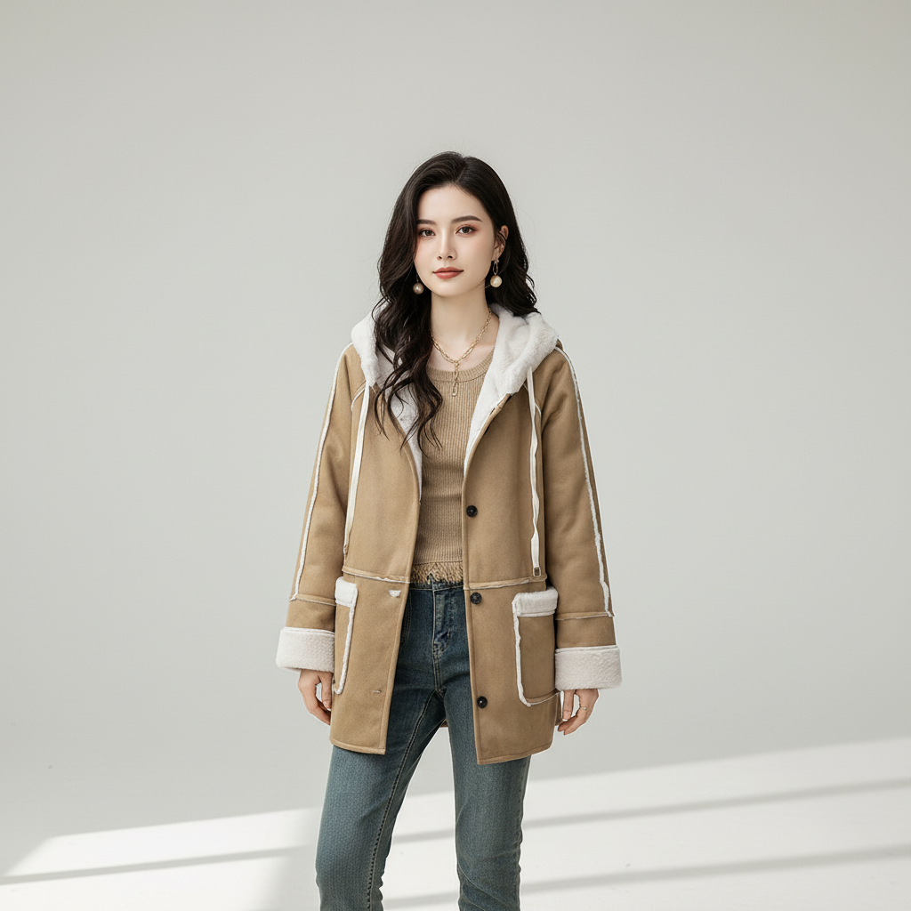 Women's Patchwork Hoodie Coat with Fleece Lining - view 4