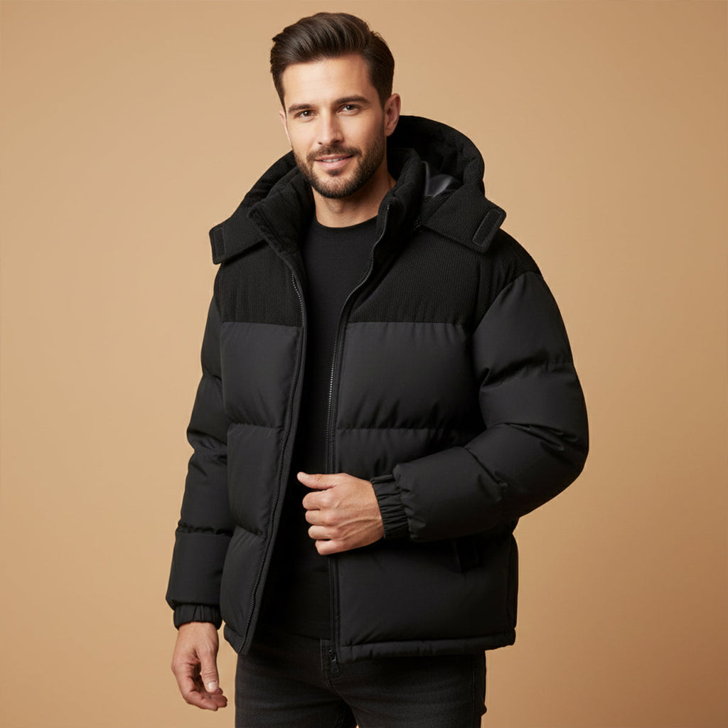 Men's Hooded Padded Puffer Coat with Zip Pockets in Black - view 2