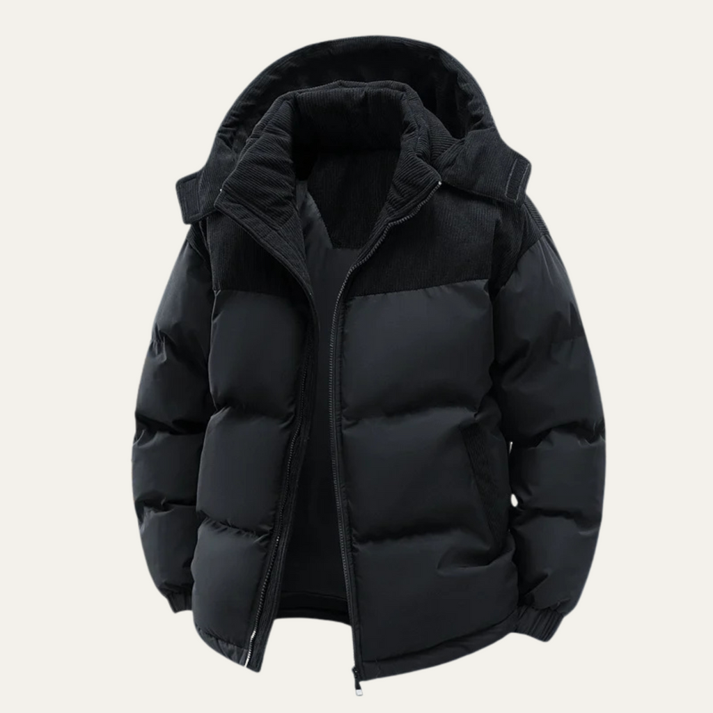 Men's Hooded Padded Puffer Coat with Zip Pockets in Black - view 3
