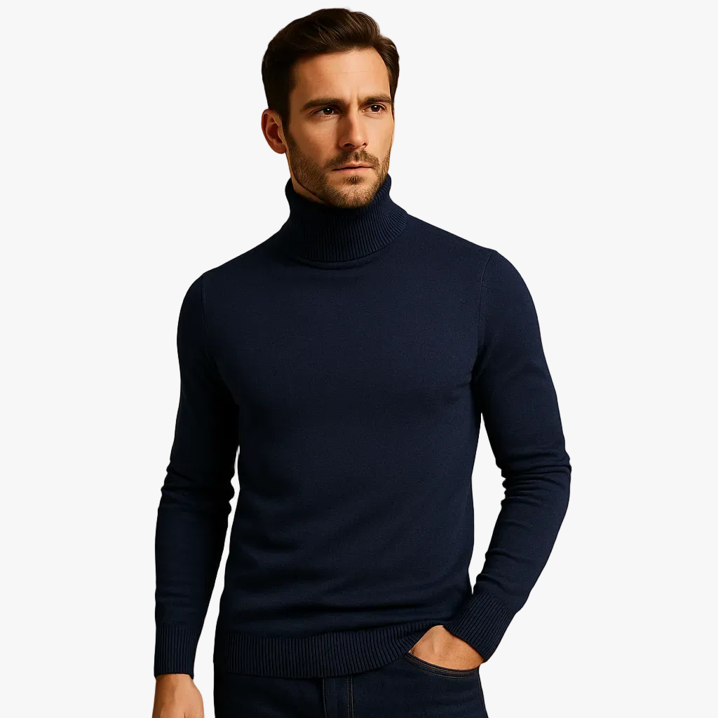 Men's Fine-Knit Ribbed Turtleneck Sweater in Navy - view 1