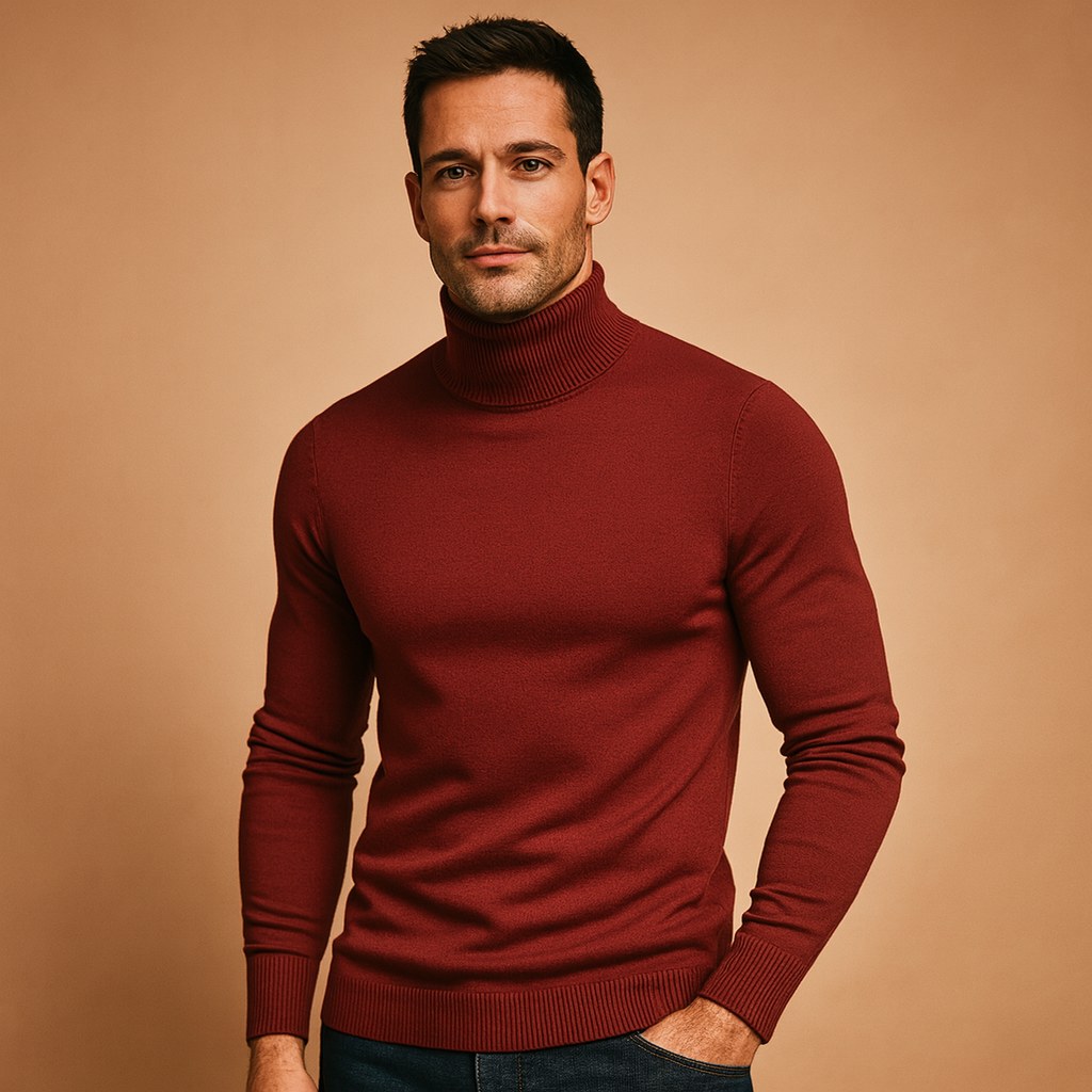 Men's Fine-Knit Ribbed Turtleneck Sweater in Burgundy - view 3
