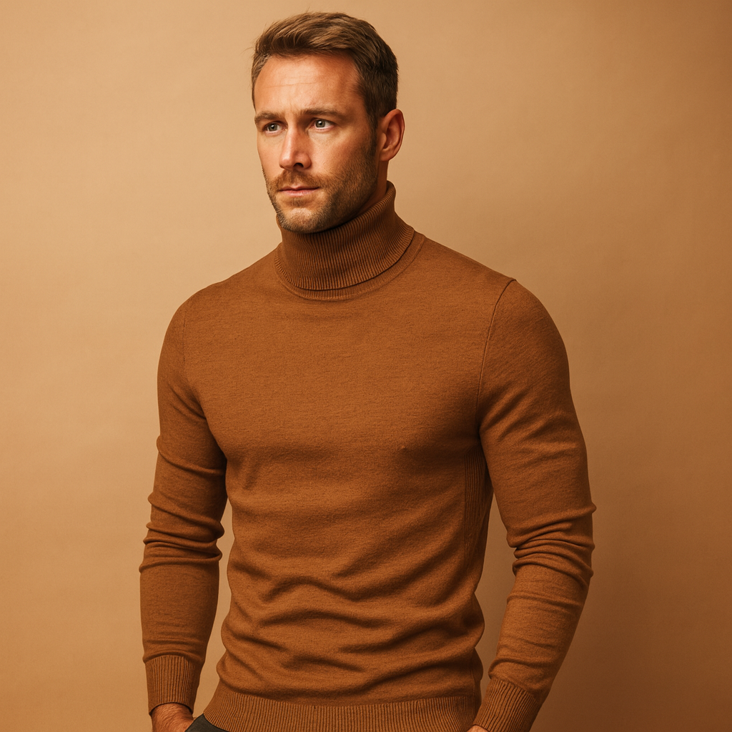 Men's Fine-Knit Ribbed Turtleneck Sweater in Brown - view 4