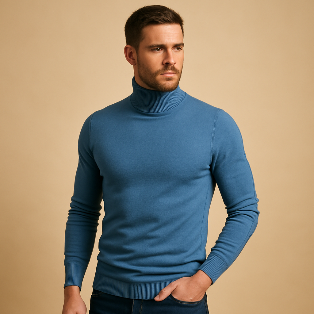 Men's Fine-Knit Ribbed Turtleneck Sweater in Blue - view 5