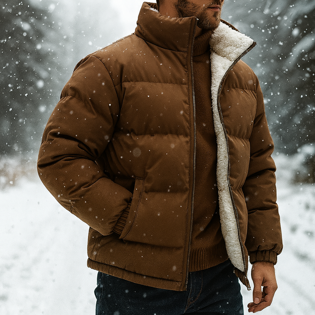 Men's Hooded Padded Quilted Puffer Coat in Brown - view 5