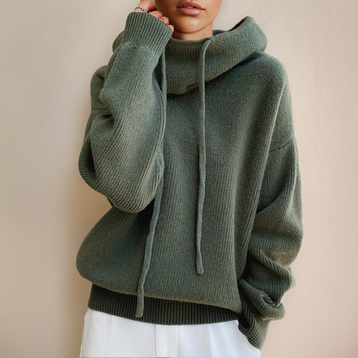 Women's Ribbed Oversized Turtleneck Sweater with Drawcords in Green - view 1