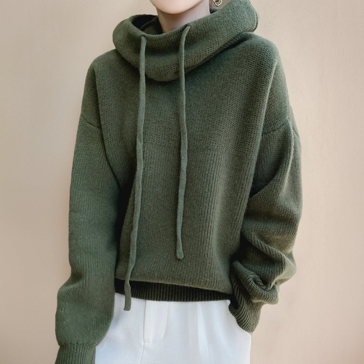 Women's Ribbed Oversized Turtleneck Sweater with Drawcords in Green - view 2