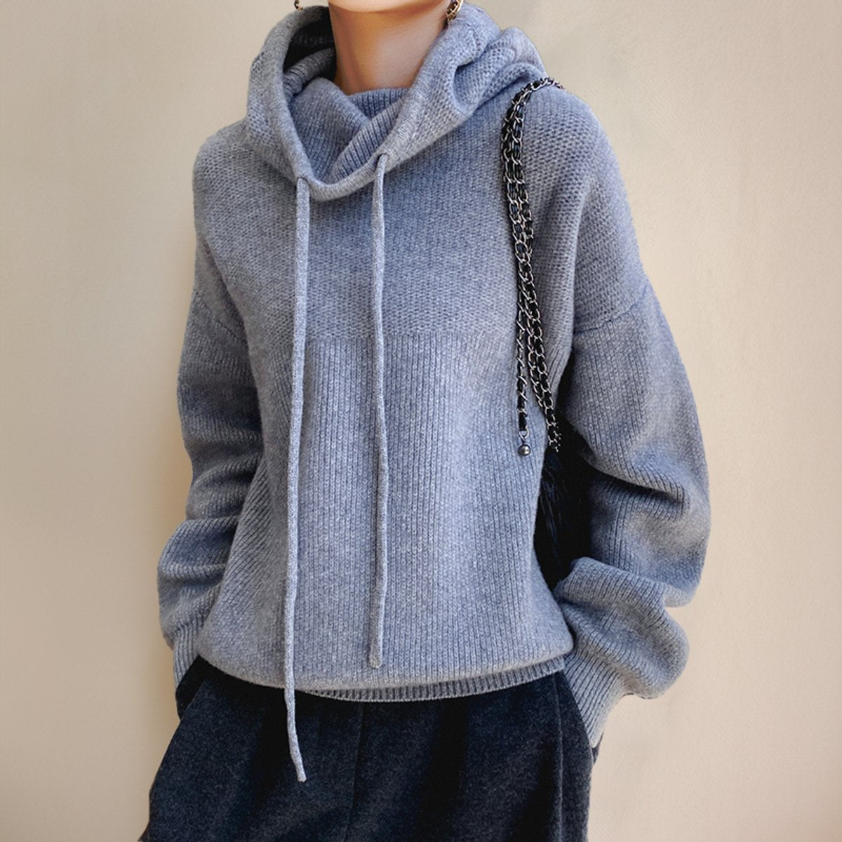 Women's Ribbed Oversized Turtleneck Sweater with Drawcords in Gray - view 3
