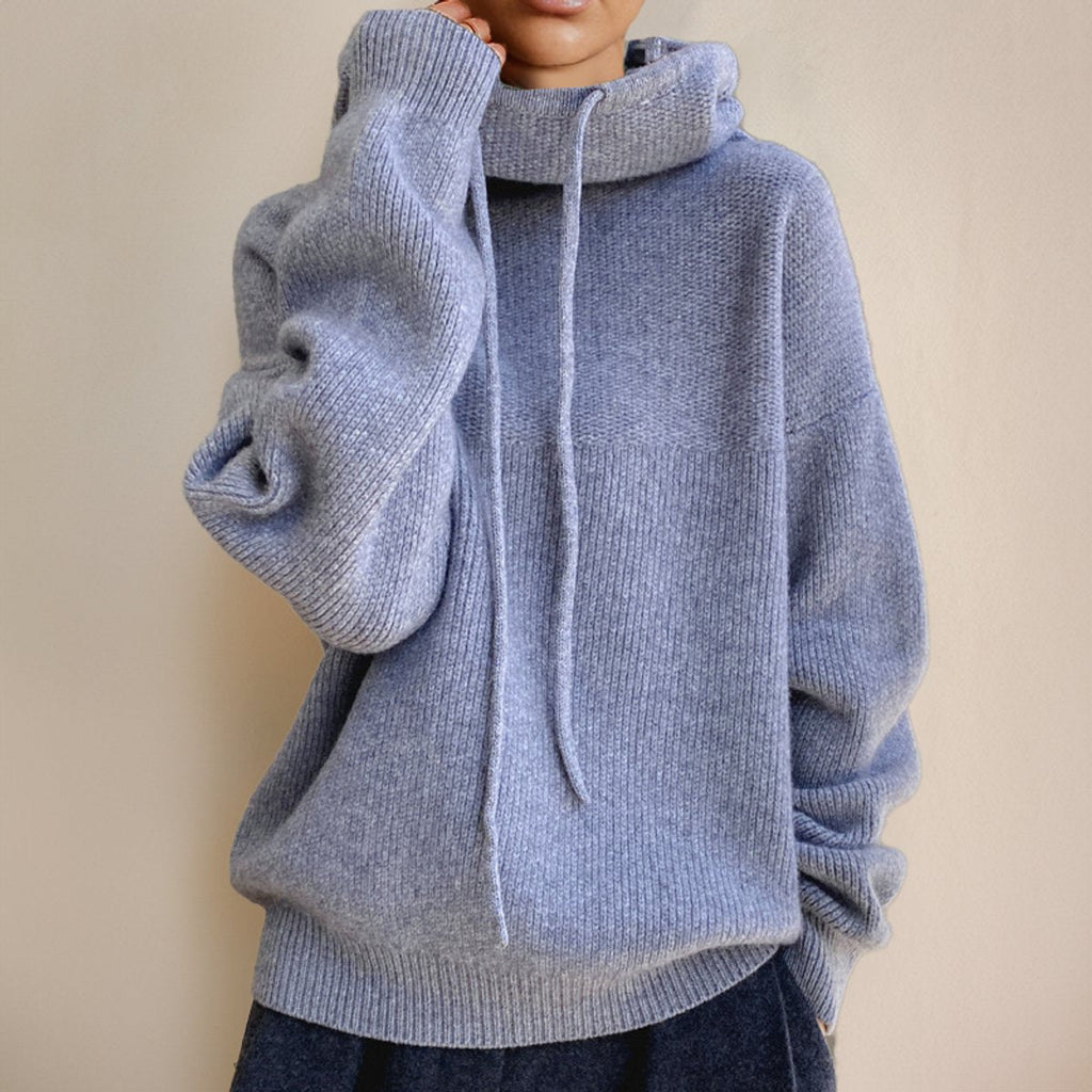 Women's Ribbed Oversized Turtleneck Sweater with Drawcords in Gray - view 5