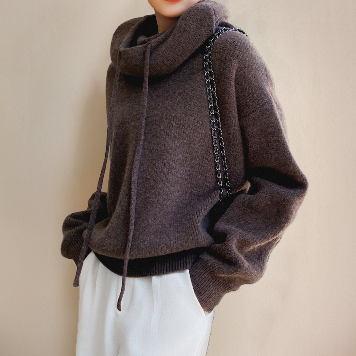 Women's Ribbed Oversized Turtleneck Sweater with Drawcords in Brown - view 6