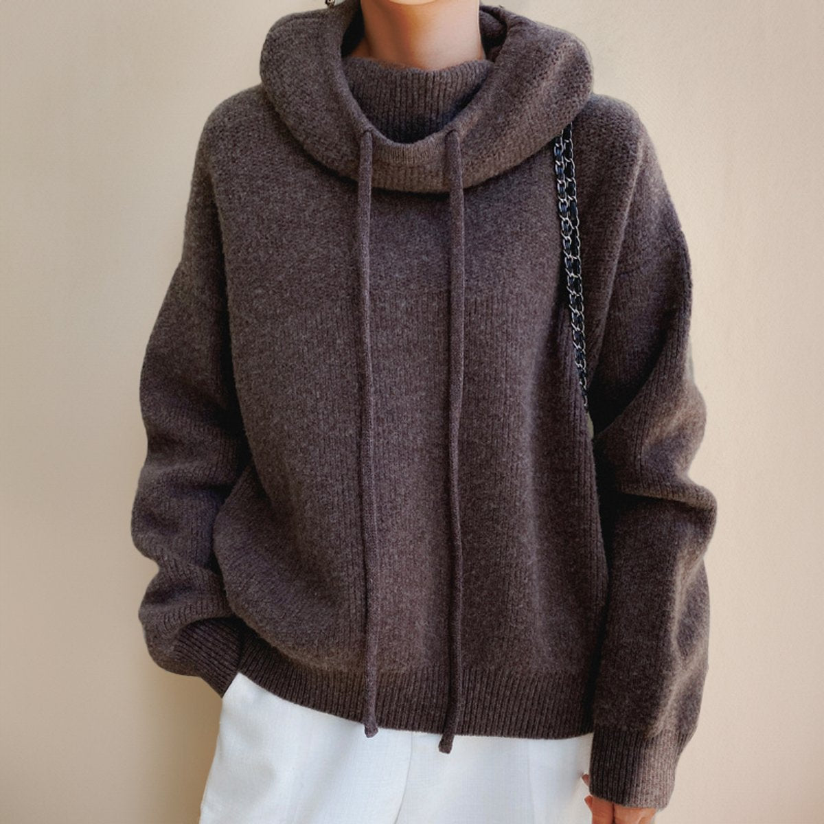 Women's Ribbed Oversized Turtleneck Sweater with Drawcords in Brown - view 7