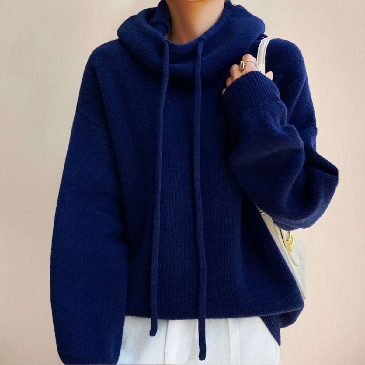 Women's Ribbed Oversized Turtleneck Sweater with Drawcords in Blue - view 8
