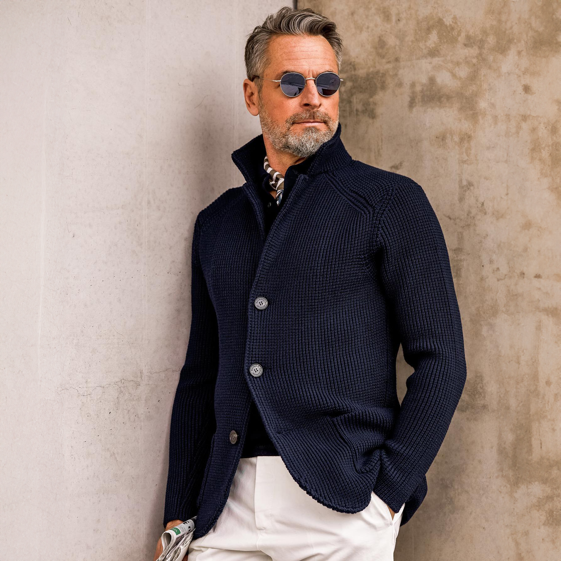 Men's Waffle-Knit Button-Front Cardigan in Navy - view 2