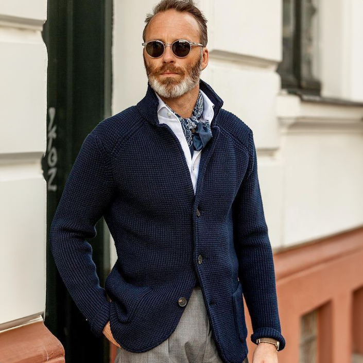 Men's Waffle-Knit Button-Front Cardigan in Navy - view 3