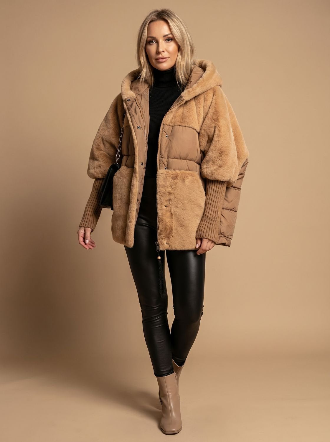 Women's Oversized Faux Fur-Trimmed Quilted Hooded Puffer Coat in Beige - view 1