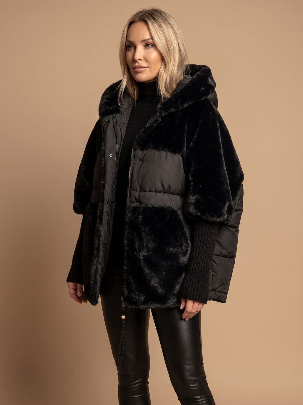 Women's Oversized Faux Fur-Trimmed Quilted Hooded Puffer Coat in Black - view 2