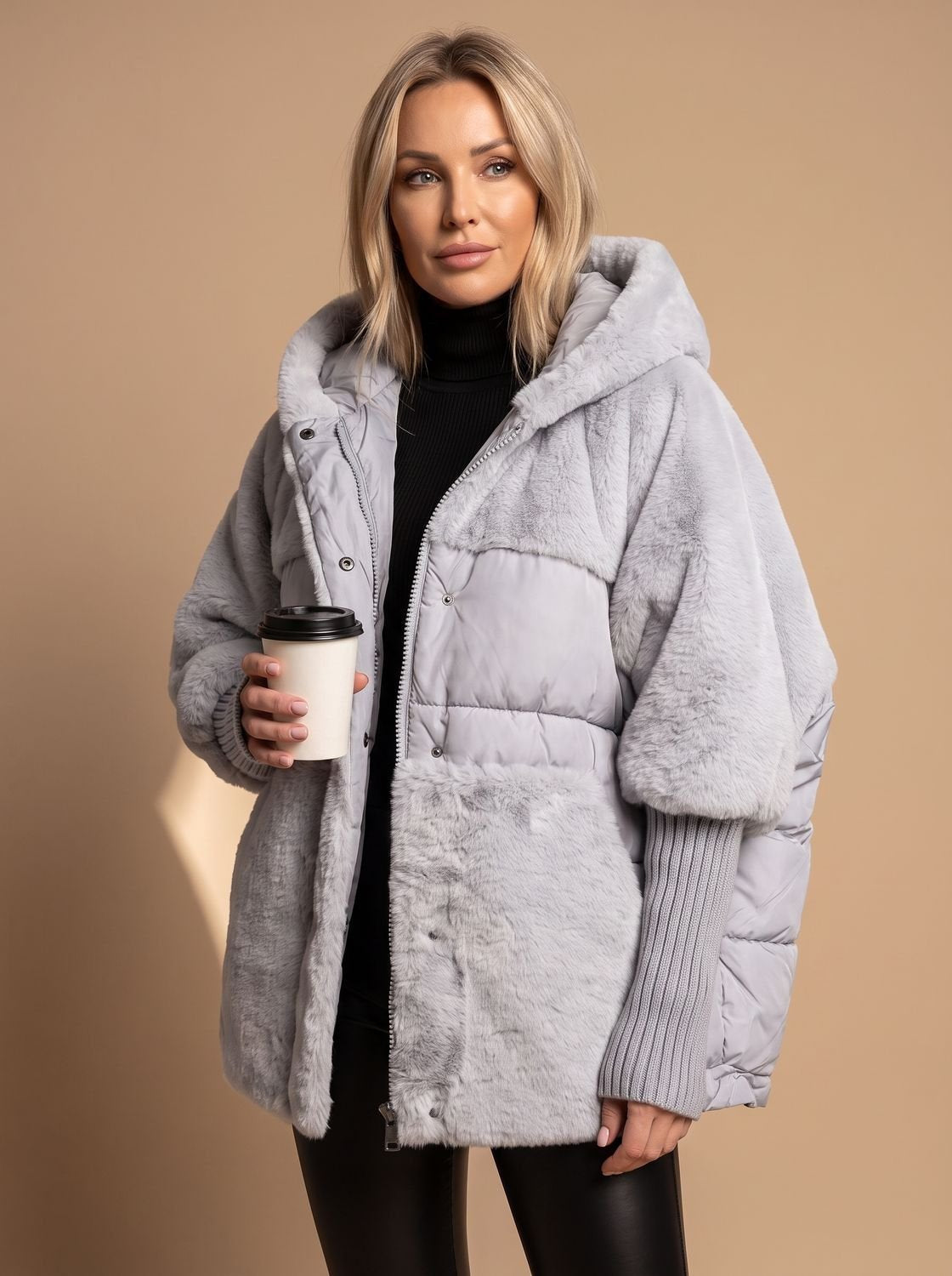 Women's Oversized Faux Fur-Trimmed Quilted Hooded Puffer Coat in Gray - view 3