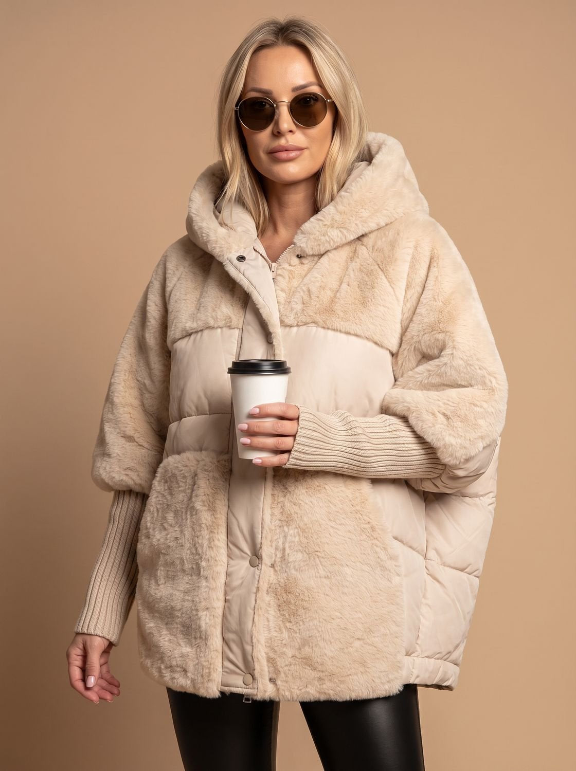 Women's Oversized Faux Fur-Trimmed Quilted Hooded Puffer Coat in Cream - view 4