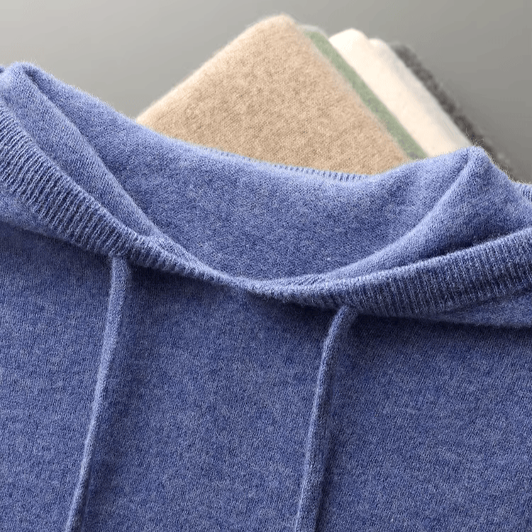 Men's Ribbed Knit Pullover Hoodie with Drawcords in Blue - view 2