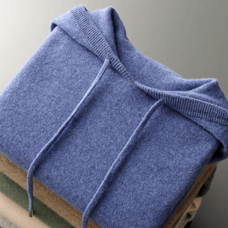 Men's Ribbed Knit Pullover Hoodie with Drawcords in Blue - view 3