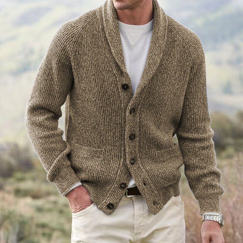 Men's Shawl-Collar Button-Front Knit Cardigan in Khaki - view 1