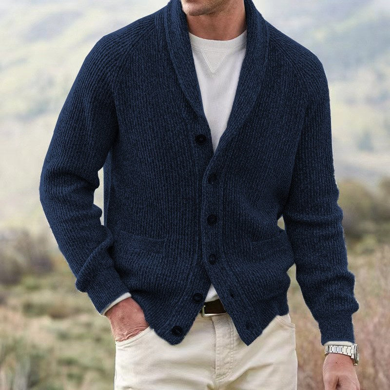 Men's Shawl-Collar Button-Front Knit Cardigan in Navy - view 3