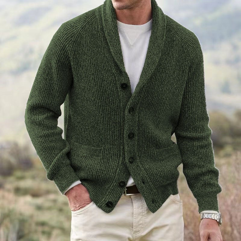 Men's Shawl-Collar Button-Front Knit Cardigan in Green - view 4