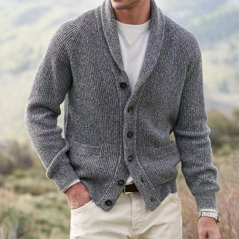 Men's Shawl-Collar Button-Front Knit Cardigan in Gray - view 5