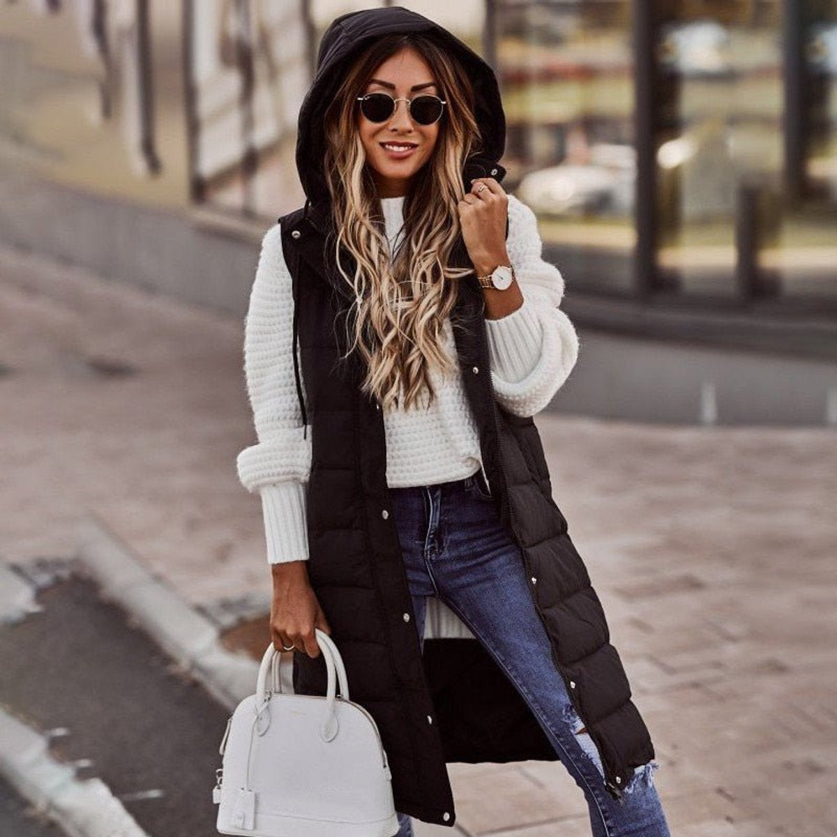 Women's Longline Hooded Quilted Puffer Vest in Black - view 1