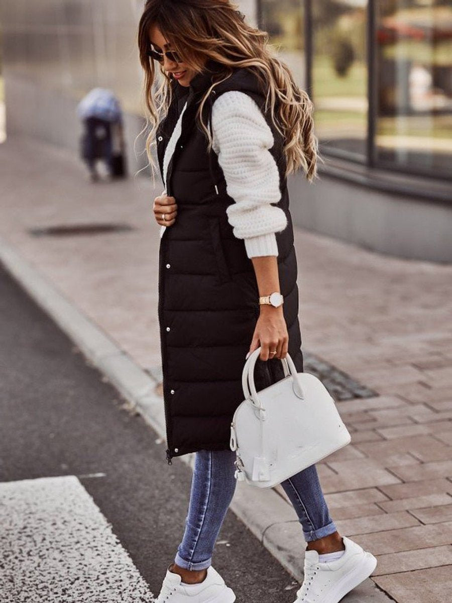 Women's Longline Hooded Quilted Puffer Vest in Black - view 2