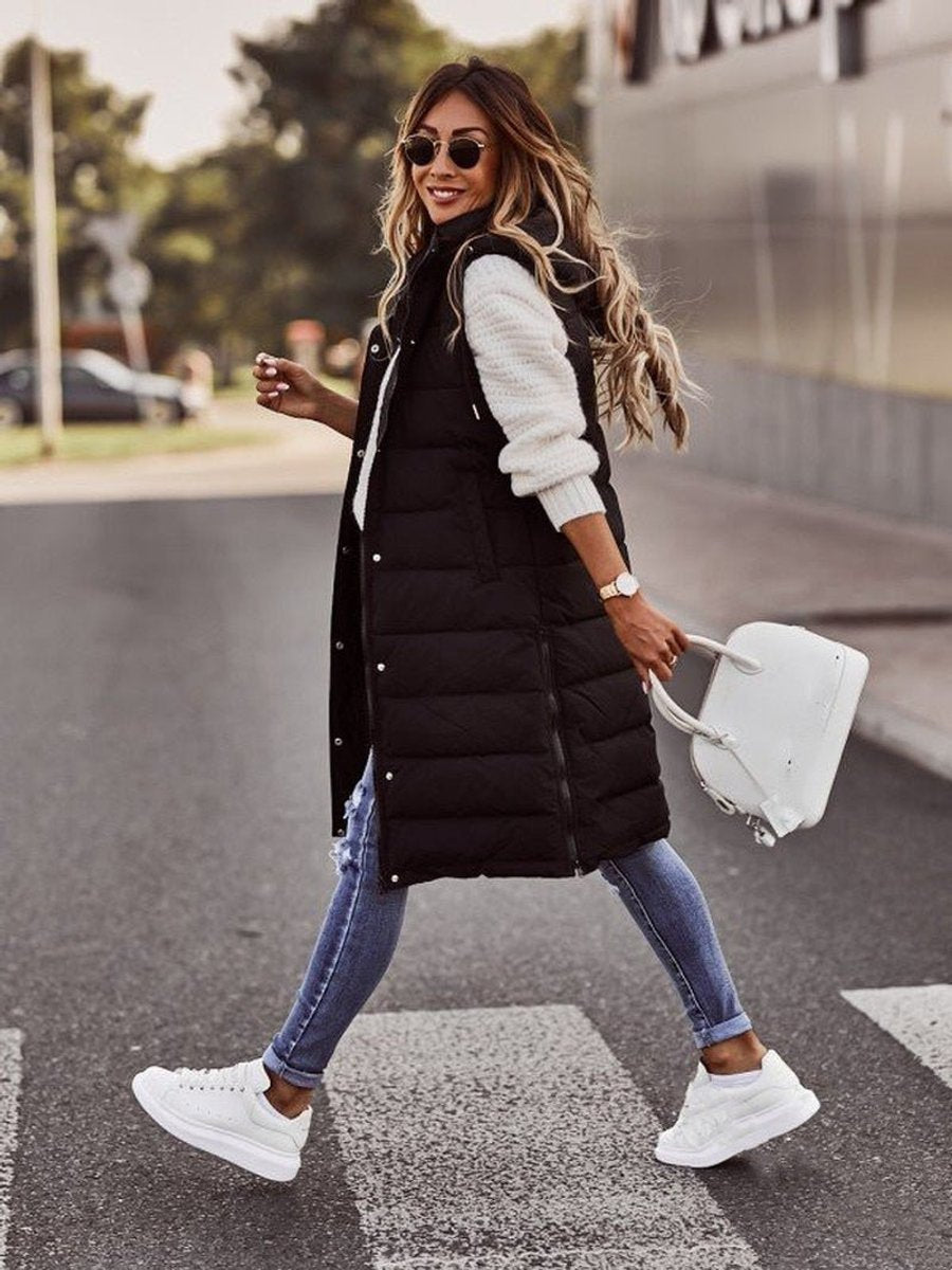 Women's Longline Hooded Quilted Puffer Vest in Black - view 3