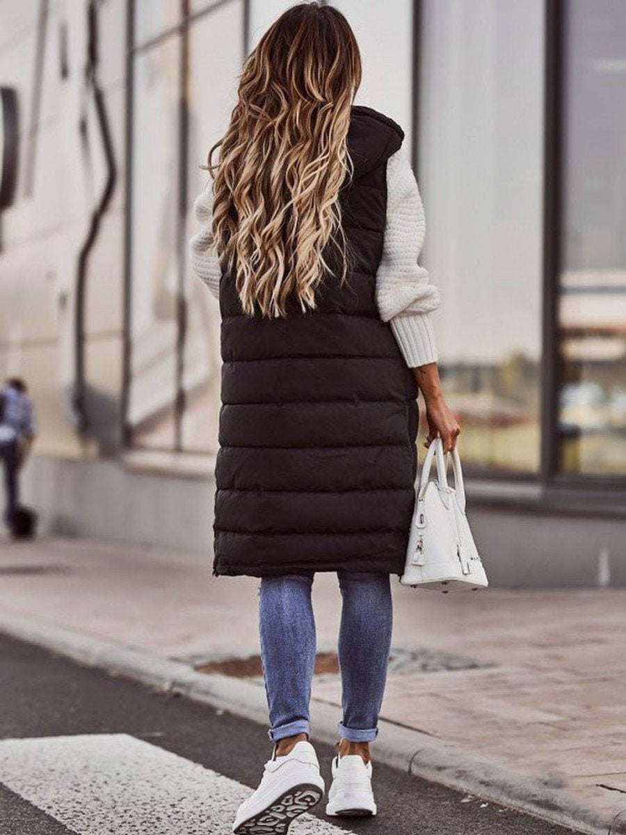 Women's Longline Hooded Quilted Puffer Vest in Black - view 4