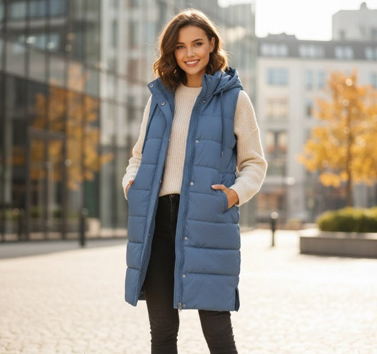 Women's Longline Hooded Quilted Puffer Vest in Blue - view 7