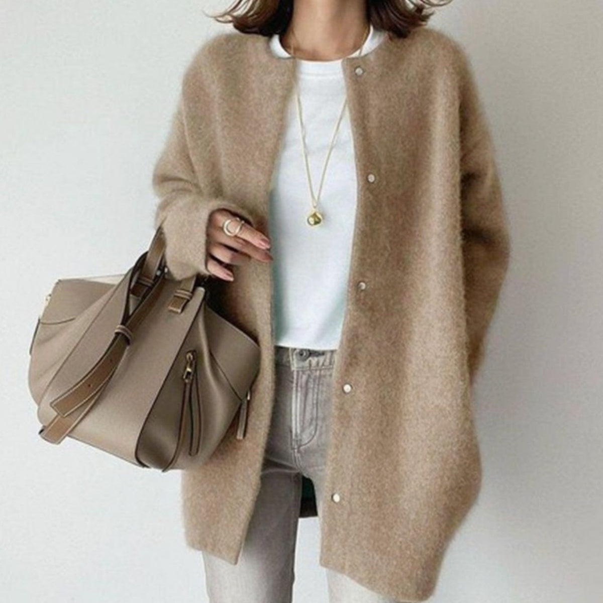 Women's Textured-Knit Oversized Turtleneck Button-Front Cardigan in Caramel - view 1