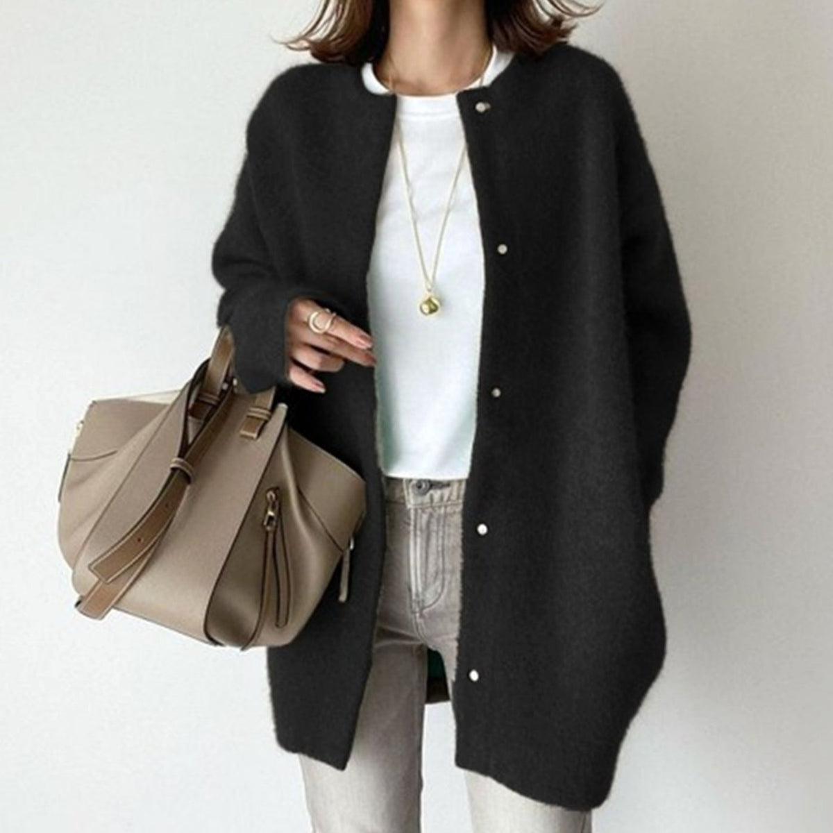 Women's Textured-Knit Oversized Turtleneck Button-Front Cardigan in Black - view 2