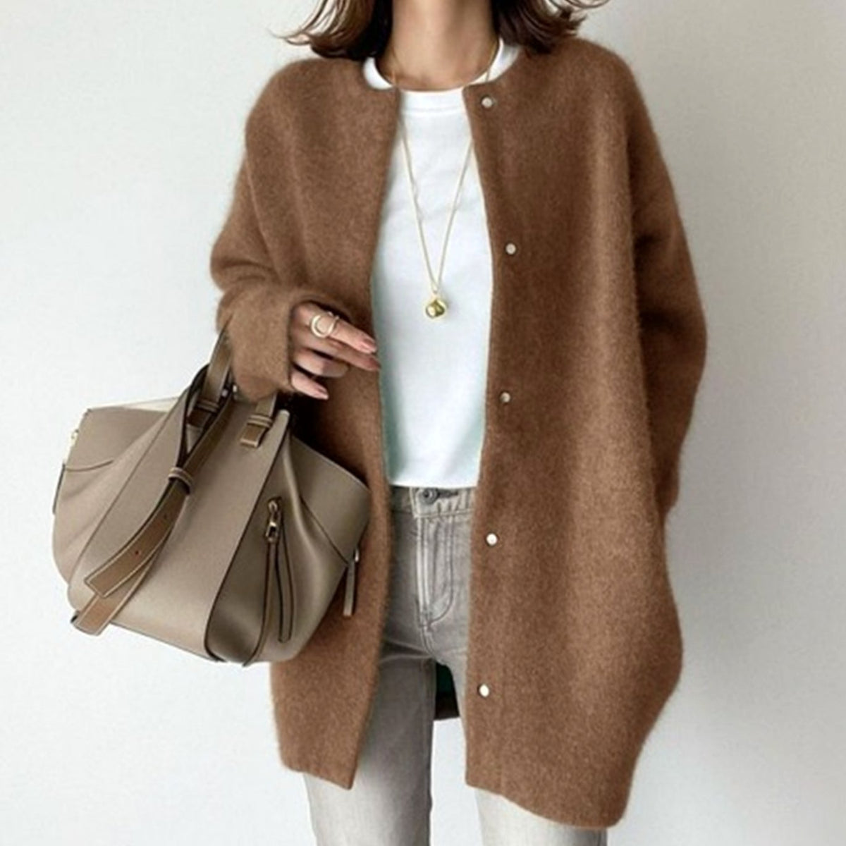 Women's Textured-Knit Oversized Turtleneck Button-Front Cardigan in Khaki - view 3