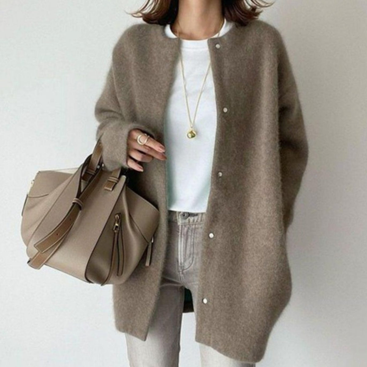 Women's Textured-Knit Oversized Turtleneck Button-Front Cardigan in Coffee - view 5