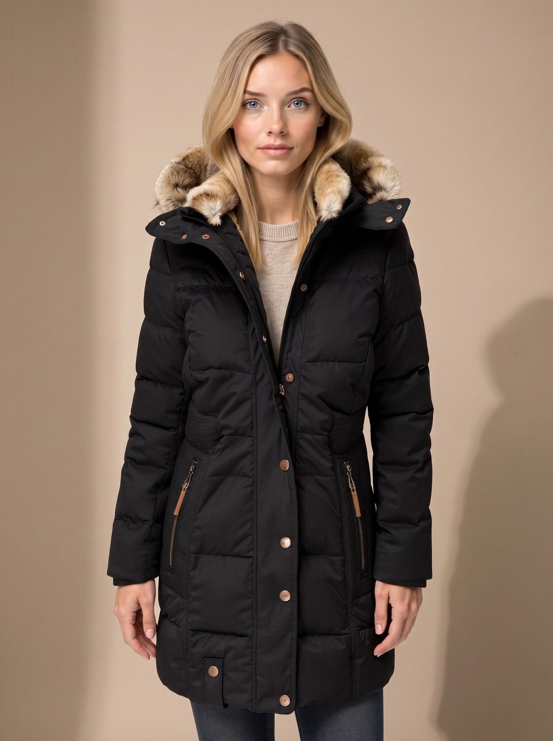 Women's Faux Fur-Trimmed Quilted Hooded Puffer Coat in Black - view 1