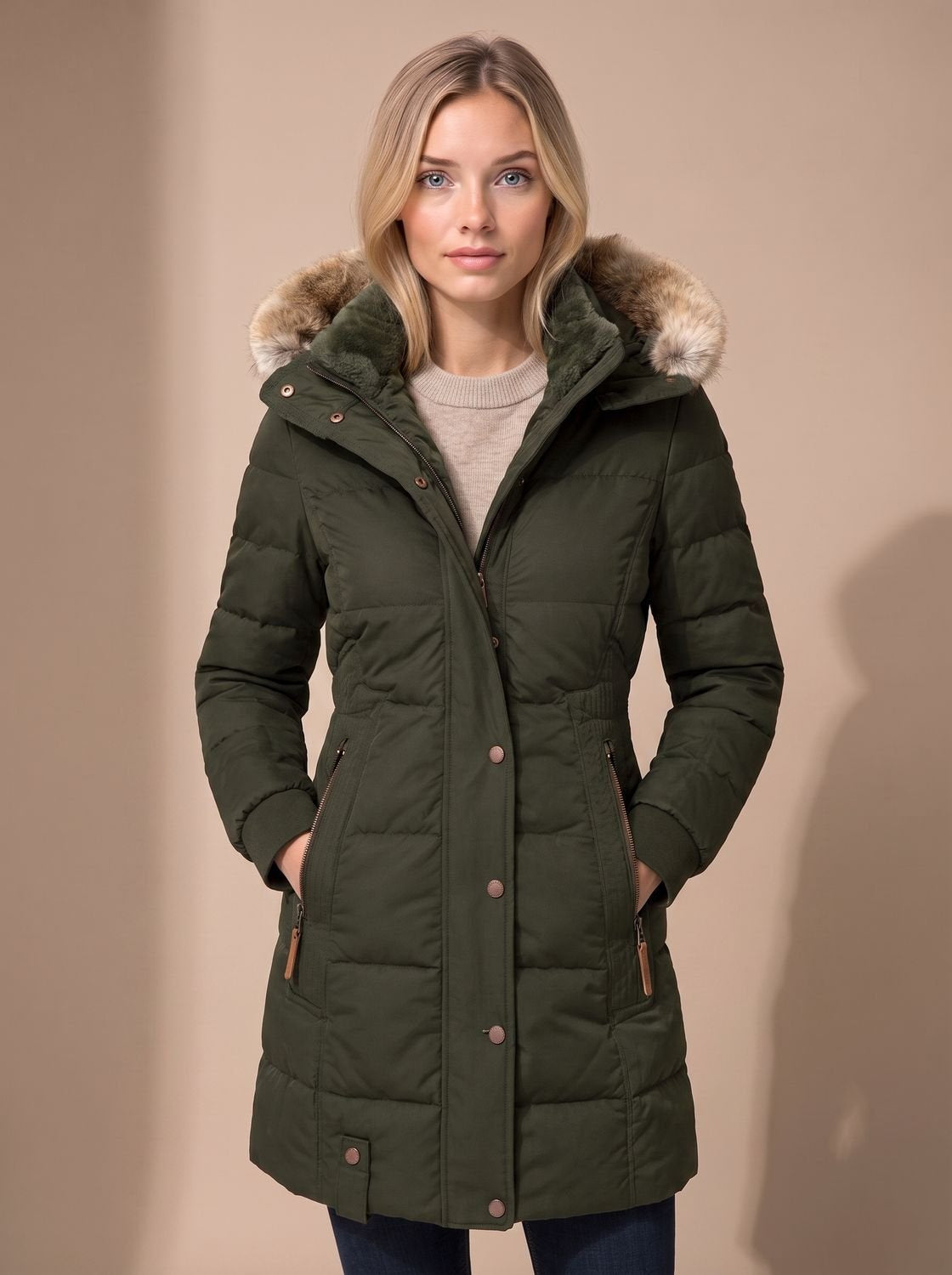 Women's Faux Fur-Trimmed Quilted Hooded Puffer Coat in Green - view 2